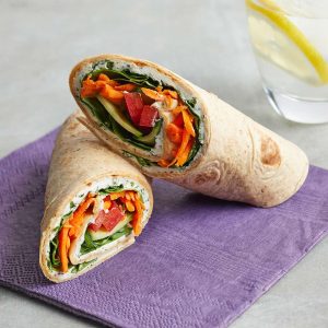 Greek Hummus Wrap with Milk and a Pear (week of June 16) *VEG